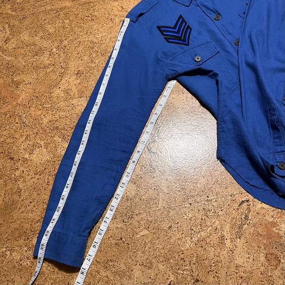 Rails Banks Military Patch Raw Edge Linen Blend Button Down Indigo Shirt Sz XS - Picture 16 of 16